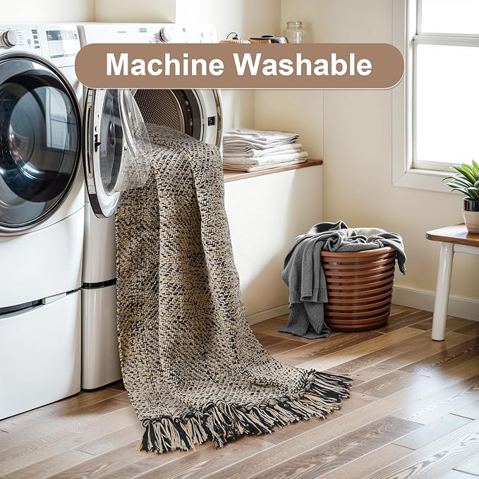 Collive Washable Area Rug 3x5, Modern Woven Kitchen Rugs for Entryway, Natural/Black Braided Cotton Small Outdoor Rug Indoor Door Mat Throw Carpet for Living Room Nursery Mudroom Laundry Room Bedroom
