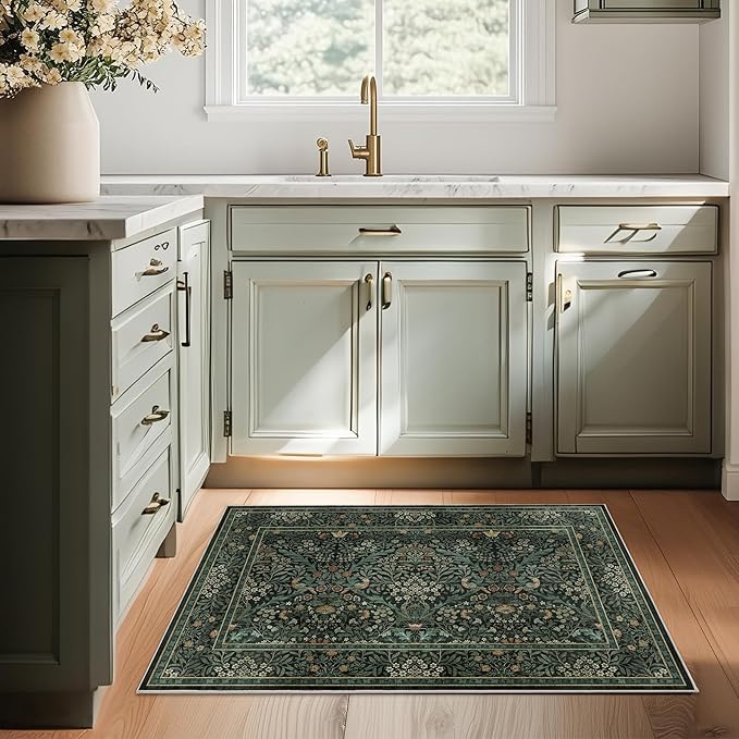 2x3 Floral Washable Area Rug for Living Room, Vintage Boho Rug for Bedroom Dining Room， Distressed Botanical Birds Non Slip Low Pile Forest Animal Throw Carpet for Farmhouse Office, Dark Green