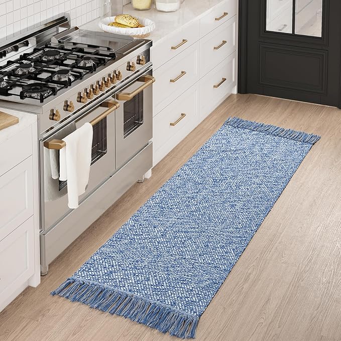 Collive Kitchen Runner Rug, 2' x 4.3' Hand-Woven Reversible Washable Rug, Navy Blue Cotton Modern Farmhouse Bathroom Rug Hallway Carpet for Foyer Bedroom Entry Back Door Decor