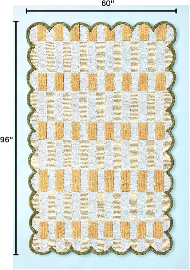 Hand-Tufted Wool Rug with Scalloped Edges, Light Blue Plaid Pattern, Cozy Soft Area Rug for Living Room, Bedroom, and Nursery, Handmade Modern Accent Rug (Blue, 3X5 FEET)