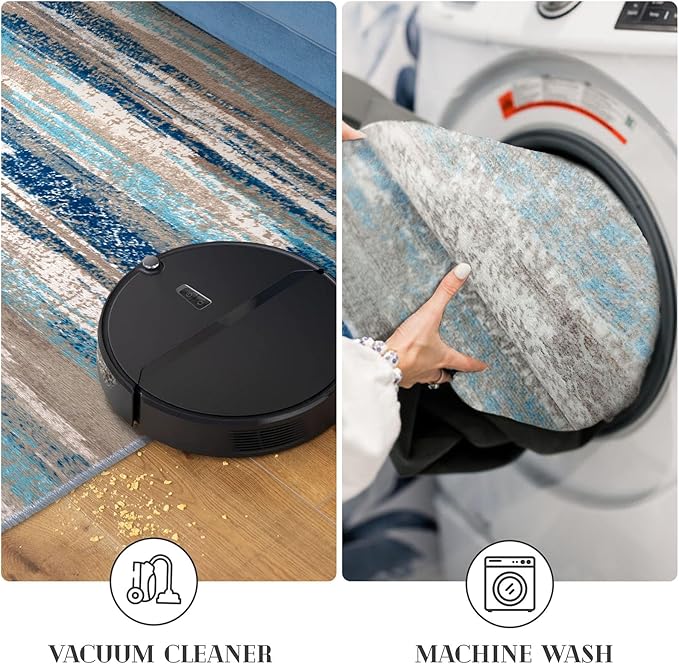 Modern Abstract 9x12 Large Machine Washable Living Room Rug Non-Slip Soft Bedroom Area Rug Blue Ultra Thin Print Faux Wool Carpet Throw Rugs for Nursery Playroom Dining Room Indoor Office