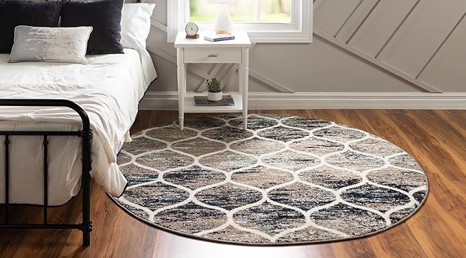 Rugs.com Lattice Frieze Collection Rug – 8' Round Blue Multi Medium Rug Perfect for Kitchens, Dining Rooms