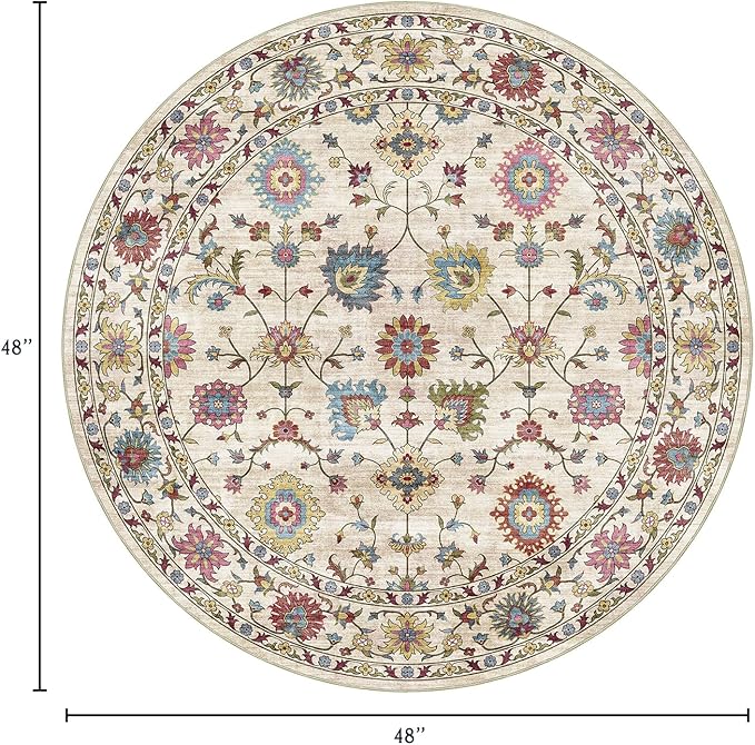 Washable Round Area Rug 4ft - Cream Colorful Traditional Floral Boho Living Room Circle Rug 4x4 Non-Slip Carpet Soft Vintage Bohemian Round Rugs for Bedroom Bathroom Kitchen Nursery