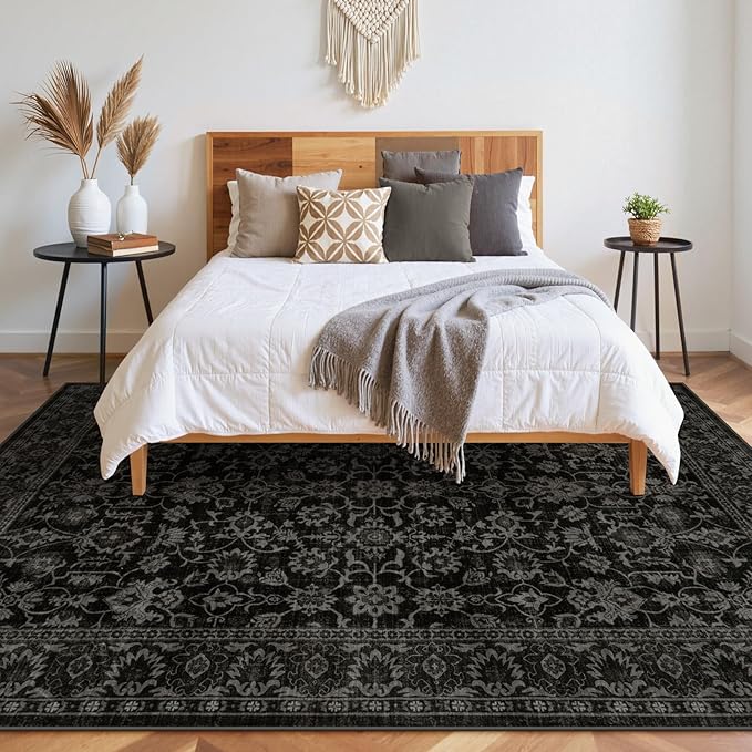 LIVEBOX Washable Area Rug 8x10 - Large Black Boho Living Room Rug Vintage Rugs for Bedroom, Non-Slip Retro Floral Carpet Print Distressed Accent Rugs for Dining Room Home Office