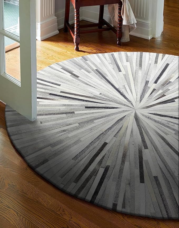 Faux Cowhide Round Area Rug | Non-Slip Leather Floor Carpet for Living Room, Bedroom, and Home Décor | Modern Stylish Accent Rug(Grey_6x6)
