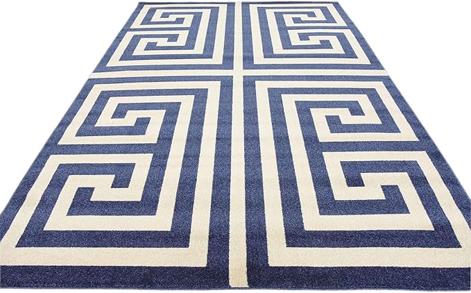 Unique Loom Athens Collection Classic Geometric Modern Border Design Area Rug (7' 0 x 10' 0 Rectangular, Navy Blue/ Beige)