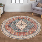 KOZYFLY Boho Round Rug 5 Ft Rugs for Entryway Washable Circle Rug Non Slip Doormat Rust/Orange/Blue Printed Faux Wool Vintage Round Entryway Rug Floor Carpet Round for Entrance, Bedroom