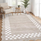 GarveeHome 4x6 Area Rug Small Washable Living Room Rug Scalloped Rug with Rubber Backing Stain Resistant Low Pile Dining Room Throw Carpet Modern Bordered Mat for Bedroom Kitchen, Fog