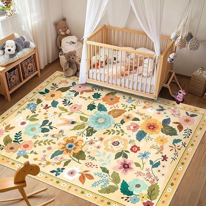 Floral 5x7 Area Rug Machine Washable Soft Print Boho Carpet Non Slip Doormat Low Pile Flower Area Rugs for Living Room Bedroom Nursery Kitchen Dining Room Indoor-Ivory/Yellow