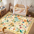 Floral 6x9 Area Rug Machine Washable Soft Print Boho Carpet Non Slip Doormat Low Pile Flower Area Rugs for Living Room Bedroom Nursery Kitchen Dining Room Indoor-Ivory/Yellow