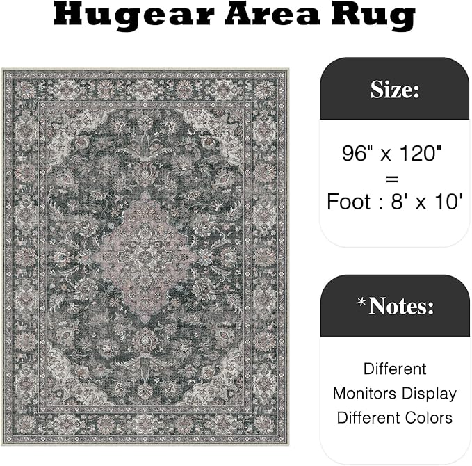HUGEAR Retro Black Area Rug 8x10 Machine Washable Living Room Rugs Distressed Vintage Floral Low Pile Carpet Bedroom Office Dining Room Laundry Room Non Slip Soft Lightweight