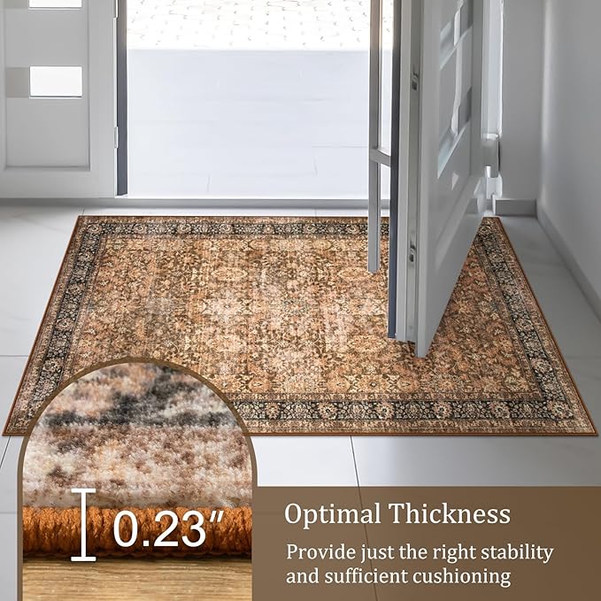 Morebes Vintage Washable Runner Rug 2x6, Floral Kitchen Runner Rugs Non Slip, Super Soft Distressed Indoor Throw Carpet for Hallway Bedroom Bedside Bathroom Laundry Room, Dark Brown