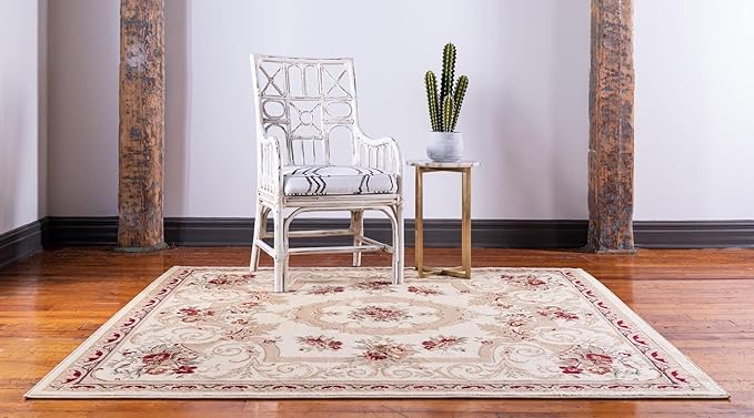 Rugs.com Chateau Collection Rug – 4 Ft Square Cream Medium Rug Perfect for Living Rooms, Kitchens, Entryways