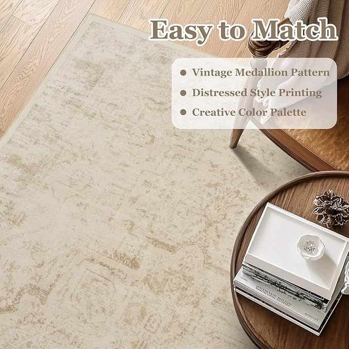 Beige 4x6 Throw Rugs for Entryway, Washable Neutral Rug with Rubber Backing for Living Room Bedroom, Vintage Medallion Distressed Area Rug for Kitchen/Bathroom/Dorm/Home Office