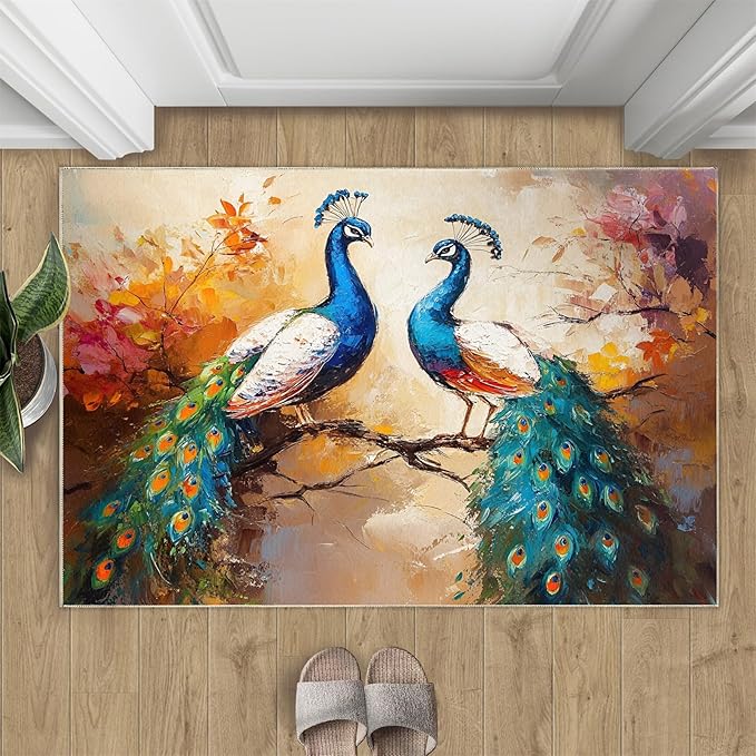 Peacock Rug 2x3-2x3 Rug, Classic Peafowl Floral Area Rugs for Bedroom, Peacock Couples Rugs for Living Room, Oil Painting Art Washable Mat, Aesthetics Carpet - Peafowl Home Decor & Gifts