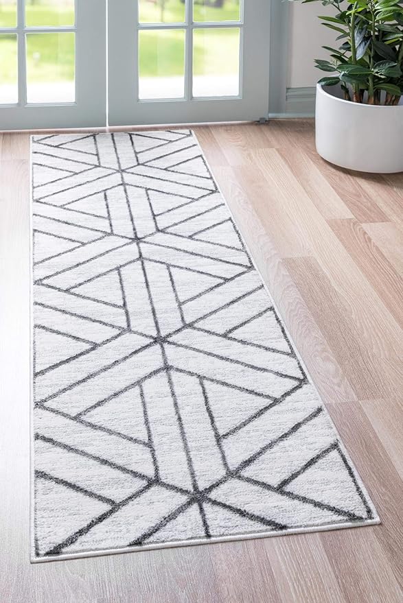 Rugs.com Lattice Trellis Collection Rug – 10 Ft Runner White Low-Pile Rug Perfect for Hallways, Entryways