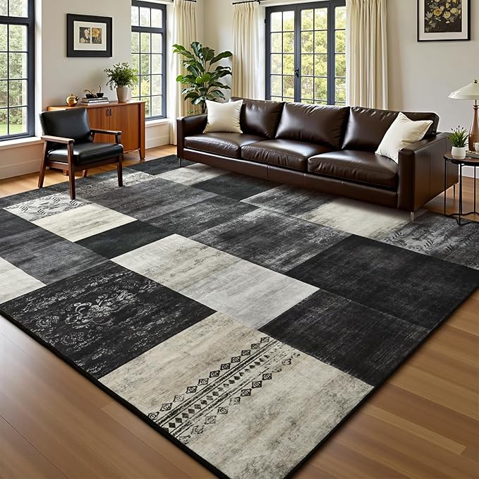 DweIke Washable Area Rugs for Living Room, 6x9 Large Bedroom Rugs, Geometric Non Slip Low Pile Indoor Throw Carpets for Bedroom Apartment Dining Room Home Office Hardwood Floor, Black and White