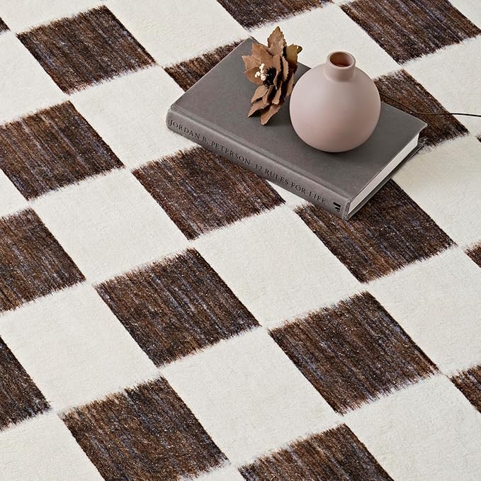 EVERGRACE Checkered Plaid Area Rug 2x8, Soft Fuzzy Faux Wool Rugs Washable Anti Slip Rugs Long Runner Rug Carpet for Entryway Bedroom Living Room Hallway Kitchen Dining Room and Laundry, Dark Brown