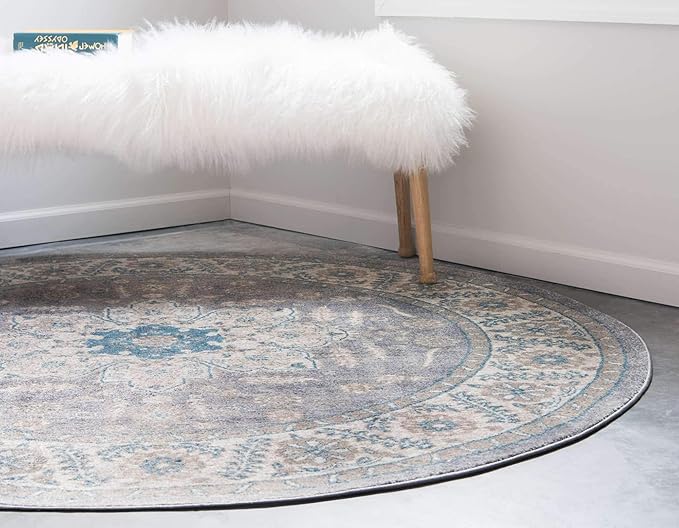 Unique Loom Salzburg Collection Classic Traditional Design Oriental Inspired Border Area Rug (8' 0 x 8' 0 Round, Gray/Beige)
