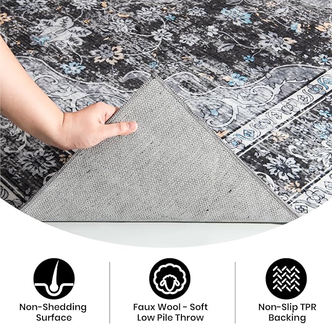 Rugs for Living Room, 8x10 Large Area Rugs Ultra Soft Washable, Vintage Boho Faux Wool Carpet for Dining Room, Bedroom, Office, Home Decor (Dark Grey)