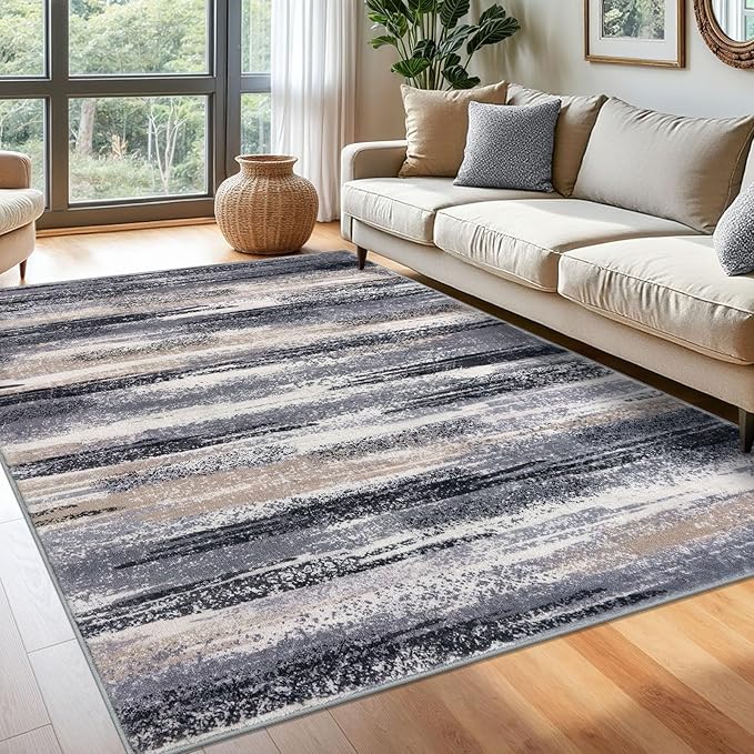Modern Abstract 6x9 Machine Washable Living Room Rug Non-Slip Soft Bedroom Area Rug Grey Black Multi Ultra Thin Print Faux Wool Floor Carpet Throw Rugs for Nursery Playroom Dining Room Indoor