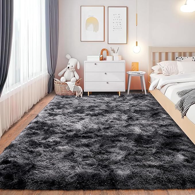 Shaggy Soft Fluffy Rug Non-Slip Indoor Floor Carpet for Living Room Anti-Skid Indoor Carpet Tie-Dyed Black Grey 5x7 Feet