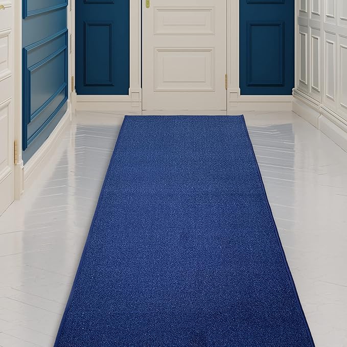 Custom Made Runner Rug Low Pile with Rubber Backing for Kitchen Foyer Hallway Entry Choose Your Length Size 26 Inch Wide Solid and Plain Dark Blue Color (32 feet x 26 inch)