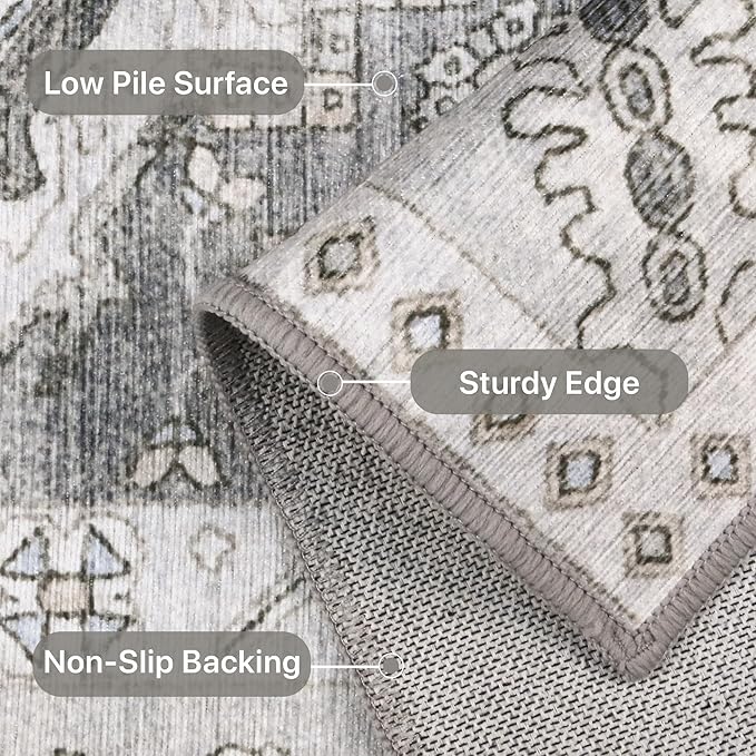 5x7 Area Rug Machine Washable Boho Rug for Living Room,Ultra-Thin Low Pile Carpet,Lightweight Indoor Printed Rug,Non Slip Floral Area Rug for Bedroom, Dining Room, Home Office,Grey Cyan