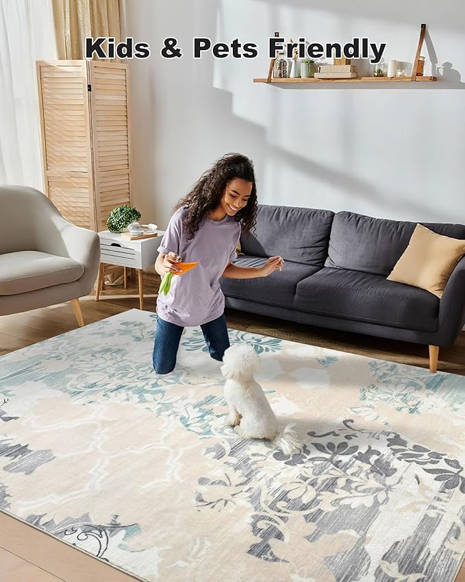 Washable Abstract Rug, 8x10 Ivory and Aqua Floral Area Rugs with Non-Slip Rubber Backed for Living Room, Low Pile Modern Throw Carpet Bedroom Dining Room Decor