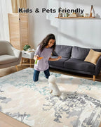 Washable Abstract Rug, 9x12 Ivory and Aqua Floral Area Rugs with Non-Slip Rubber Backed for Living Room, Low Pile Modern Throw Carpet Bedroom Dining Room Decor