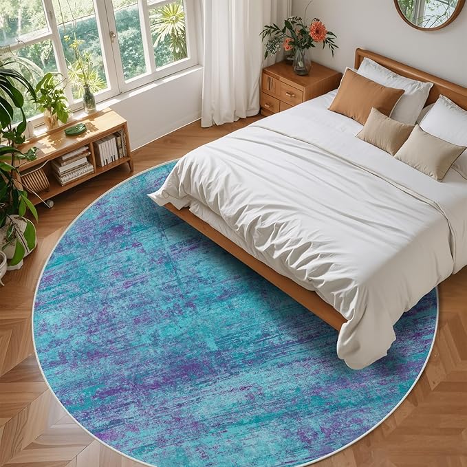 Round 5ft Abstract Rug, Modern Washable Indoor Circle Area Rugs for Living Room, Soft Circular Non-Slip Carpet Floor Mat for Entryway Dining Room Home Office - Teal+Purple