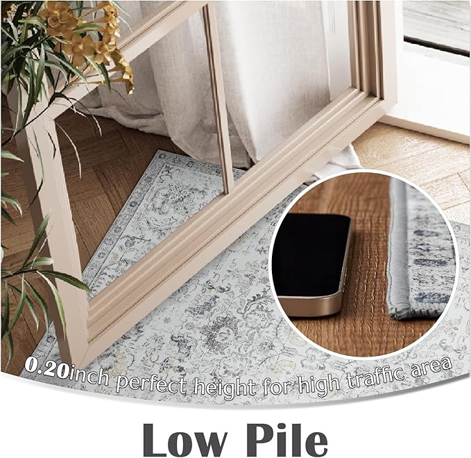jinchan Kalen Runner Rug 3x7 Washable Area Rug Soft Indoor Floor Cover Thin Retro Distressed Grey Multi Carpet Floral Print Country Boho Non Slip for Bathroom Kitchen Bedroom Living Room