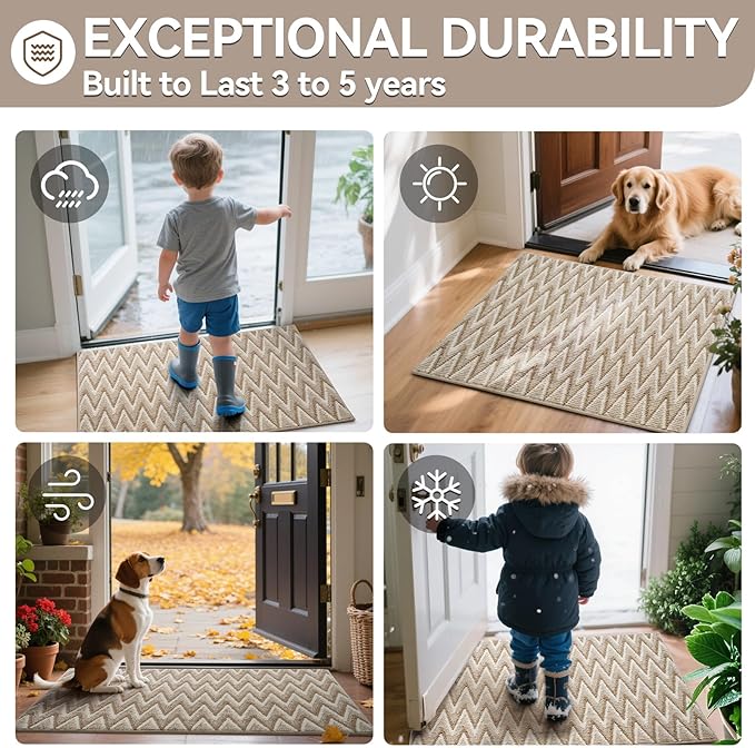 Indoor Door Mat 17x30, Dirt Resistant & Absorbent Doormat for Entryway Inside, Non-Slip Rubber Backing Front Door Mat Indoor Entrance, Low-Profile, Washable, Brown