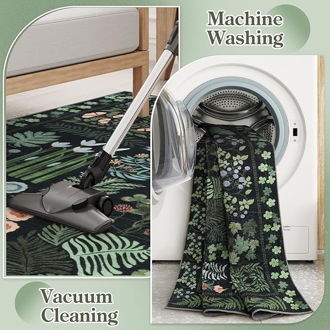 Floral Boho 3x5 Black Bathroom Entryway Kitchen Rug Non Slip Washable, Botanical Flower Area Rugs for Bedroom, Soft Modern Indoor Throw Carpet for Laundry Living Room Entrance (Black,3 x 5)