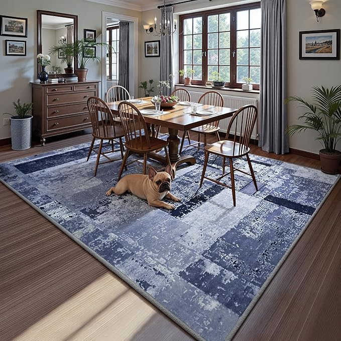 LOCHAS Rug for Living Room, Washable Soft Area Rugs for Bedroom 8x10, Abstract Carpet for Indoor Office Kids Dining Room Nursery Floor, Blue Geometric Vintage Home Decor, Non Slip, Pet Child Friendly