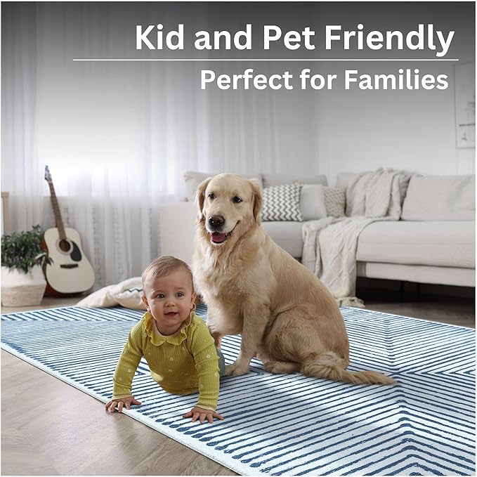 Bloom Rugs Washable Non-Slip 2' x 3' Rug - Blue/Ivory Striped Area Rug for Living Room, Bedroom, Dining Room, and Kitchen - Exact Size: 2' x 3'