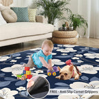 Boho Rugs for Bedroom - 4x5 Area Rug - Blue White Flowers Rugs for Living Room, Vintage Modern Flowers Rug, Washable Home Decor Carpet