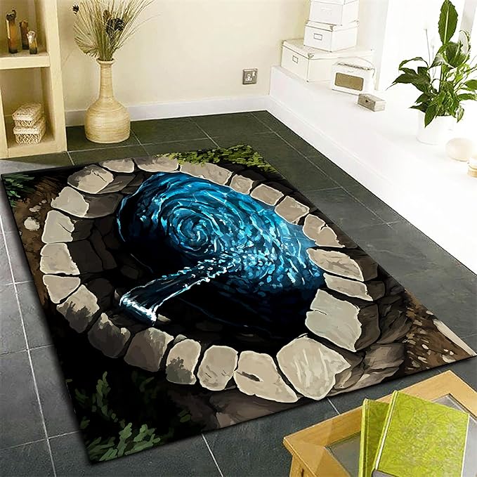 3D Well Waterfall Bedroom Carpet, 4x6ft, Visual Illusion Deep Hole Entrance Rug, Huge Stone Cracks Non-Slip Rugs, Cozy Breathable with Non Slip Backing Mat for Indoor Bedside