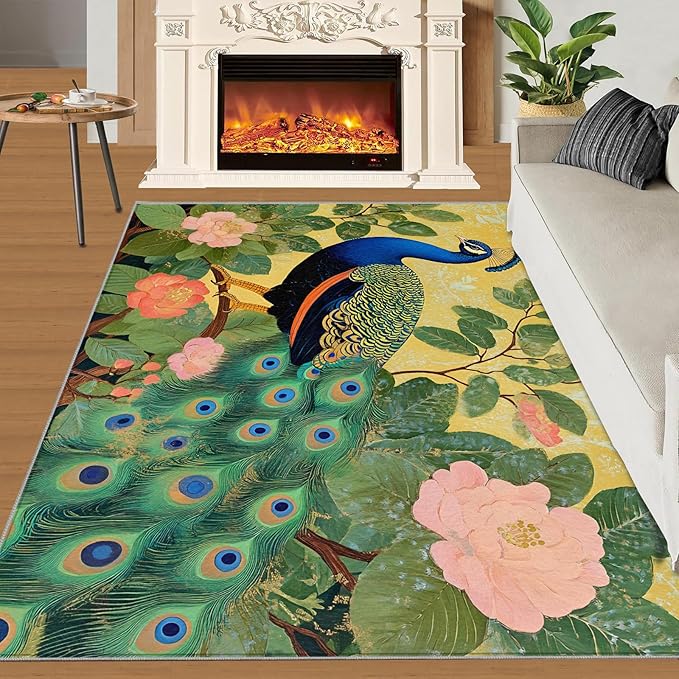 Peacock Peony Rugs for Bedroom - 8x10 Rug, Peacock Decor Area Rugs for Living Room, Peony Flower Carpet, Floral Animal Washable Area Mat, Aesthetics Carpet - Peafowl Home Decor & Gifts