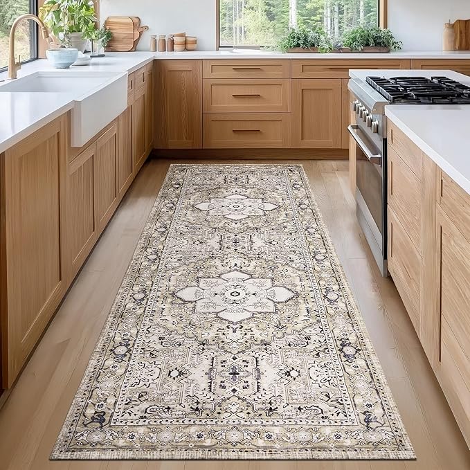 PURRUGS Vintage Farmhouse Boho Runner Rug 2x6 ft, Non-Slip Machine Washable Rug, Accent Oriental Area Rug for Kitchen, Hallway, Entryway, Bedroom, Living Room and Dining Room, Taupe/Vanilla