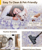 Area Rugs 9'x12' Washable Non-Slip, Floral Vintage Distress Print Pattern Medallion Carpet for Living Room Bedroom Dining Room, Light Purple Brown