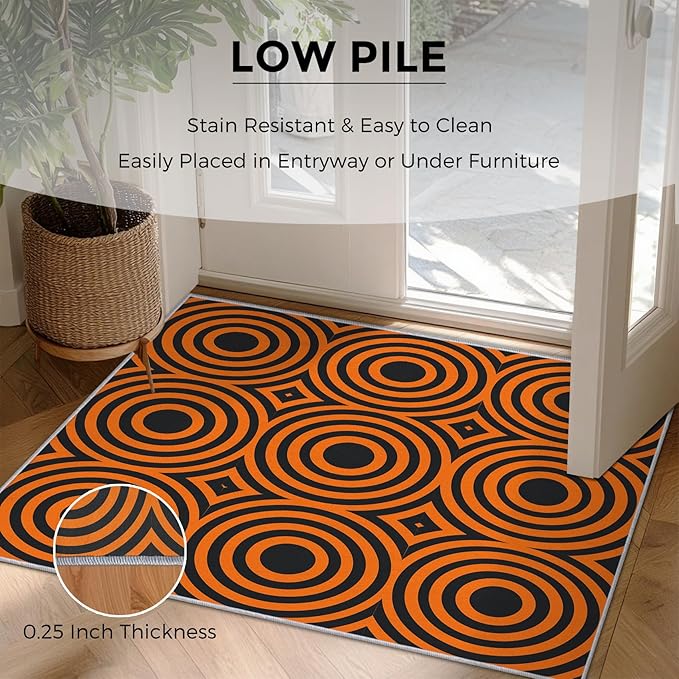 8x10 Geometric Circle Rugs for Bedroom Decor, Washable Retro 60s 70s Geometry Pattern Area Rug, Living Room Home Decoration, Non Slip Soft Thin, Black Orange Decor Large Carpet PF-P 49