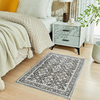 WITSHOCK Washable 2x3 Entryway Area Rug: Soft Non-Slip Backing Washable Rugs Vintage Flower Boho Accent Small Rugs for Bedroom, Kitchen, Bathroom, Nursery Entrance,Black