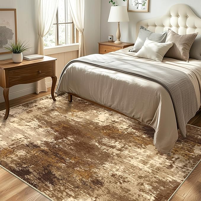 Washable Area Rugs 6'x9' Non-Slip Modern Abstract Soft for Living Room Entryway Bedroom Nursery, Print Pattern, Brown Tan Beige Coffee
