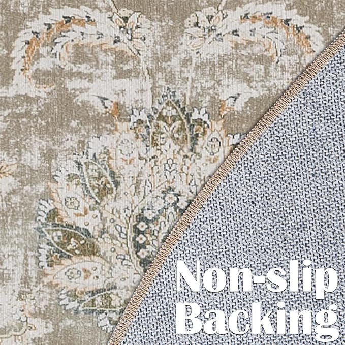 jinchan Round Rug 5ft Area Rugs Vintage Floral Distressed Design - Machine Washable Non-Slip Low-Pile Ultra-Thin Circle Rug for Entryway Bedside Living Room Dining Room Bedroom (5' Round,Taupe)