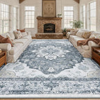 Area Rugs 10'x12' Washable Non-Slip, Floral Vintage Distress Print Pattern Medallion Carpet for Living Room Bedroom Dining Room, Light Gray Grey White