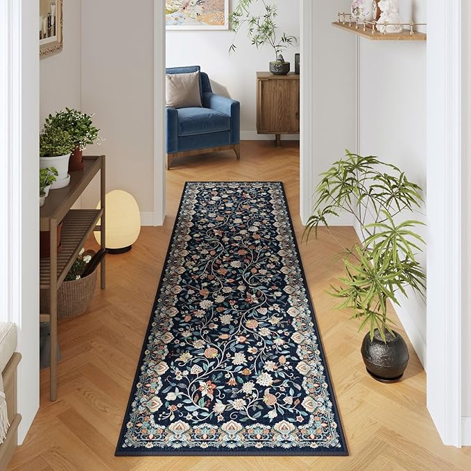Rugcomf Vintage Paisley Kitchen Runner Rug 2'x6' - Machine Washable, Non-Slip Low Pile Floral Carpet for Laundry, Bedroom, Bathroom - Blue