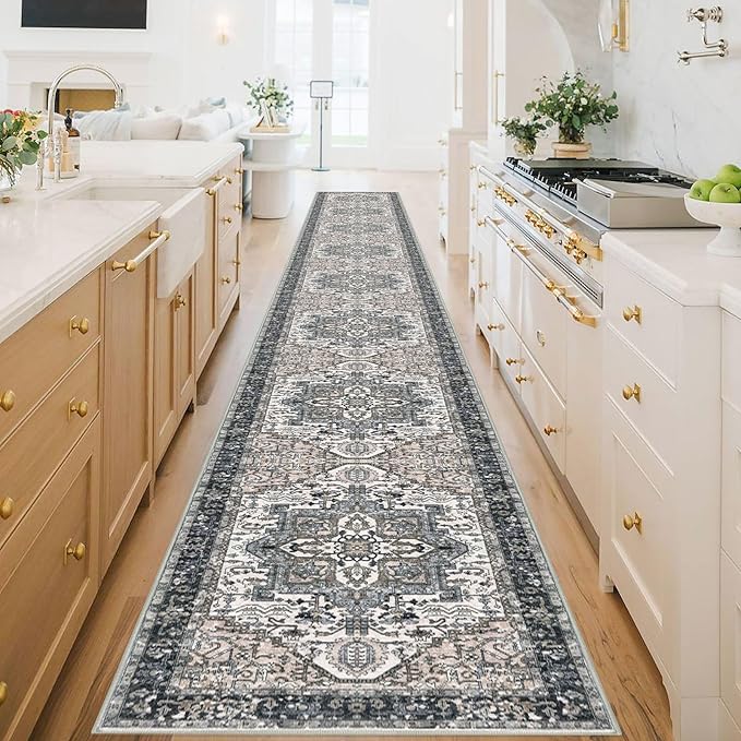 KOZYFLY Runners for Hallways 3x20 Ft Extra Long Faux Wool Washable Thin Hallway Rug Printed Runner Carpet for Entryway Bedroom Stair Kitchen Hall Living Room Decor, Black/Taupe/Beige