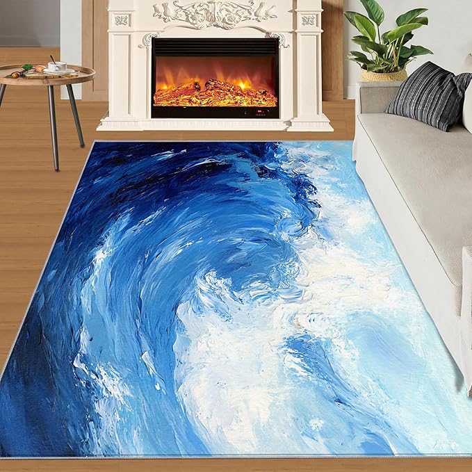 Japanese Ocean Rugs for Bedroom - 3x5 Area Rug - Ukiyo-E Ocean Waves Rugs for Living Room, Abstract Oil Painting Ocean Rug, Washable Home Decor Carpet