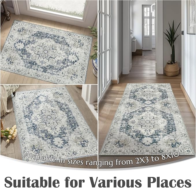 jinchan Kelda Runner Rug 3x7 Washable Rug Soft Hallway Runner Indoor Vintage Print Floor Cover Retro Distressed Lightweight Non-Slip Thin Carpet for Bathroom Kitchen Living Room Bedroom Grey